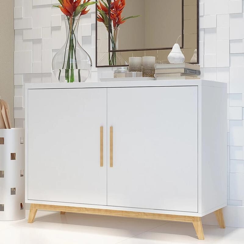 White Sideboard Cabinet with Storage, Wooden Legs, Modern Hall Unit