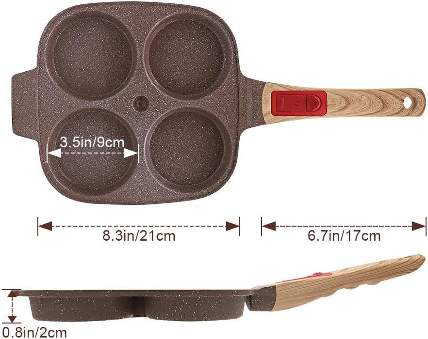 4-Cup Non-Stick Egg Pan Ceramic Pancake Skillet w/ Detachable Handle Brown