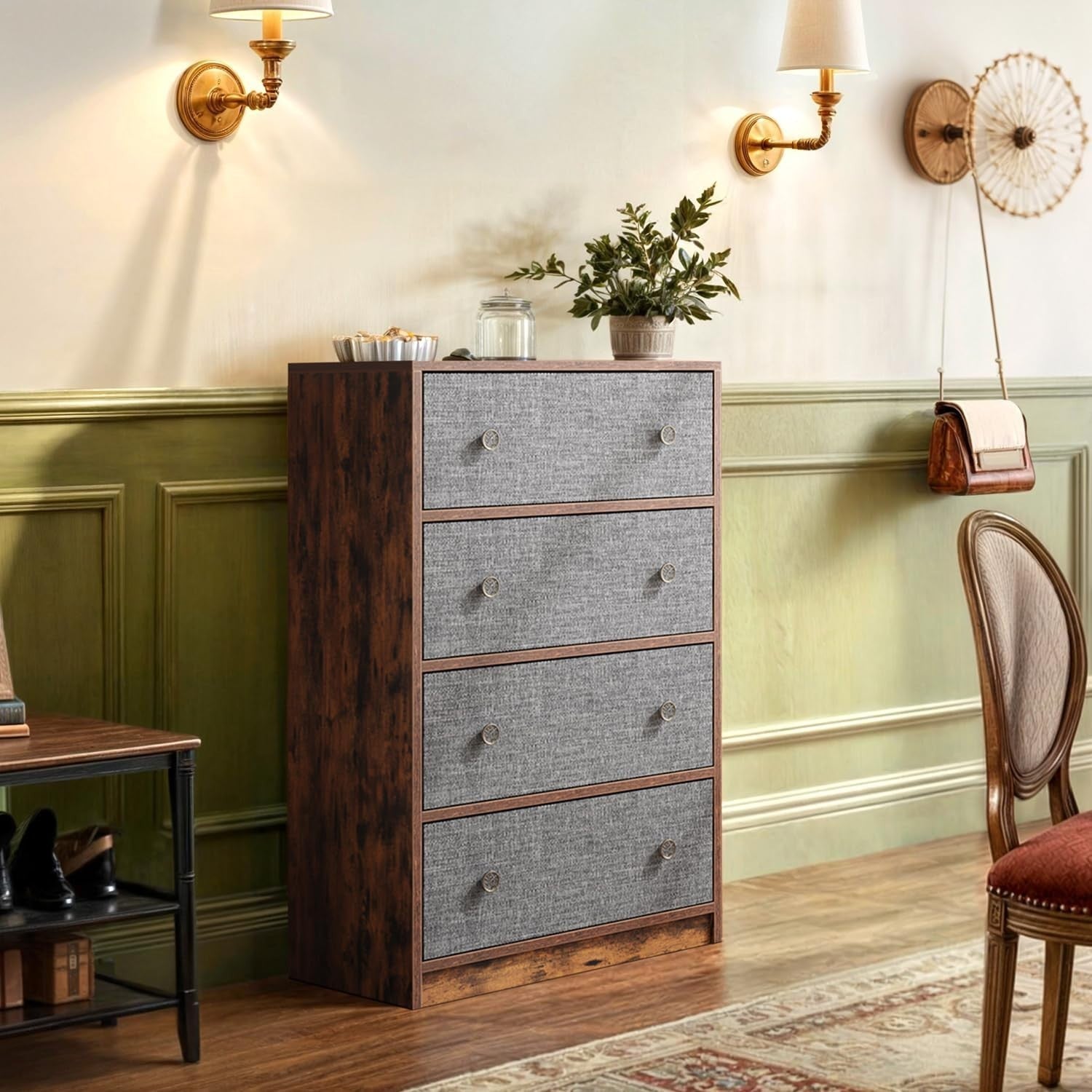 4 Drawer Fabric Chest Grey Rustic Wood Storage Unit for Bedroom Hallway