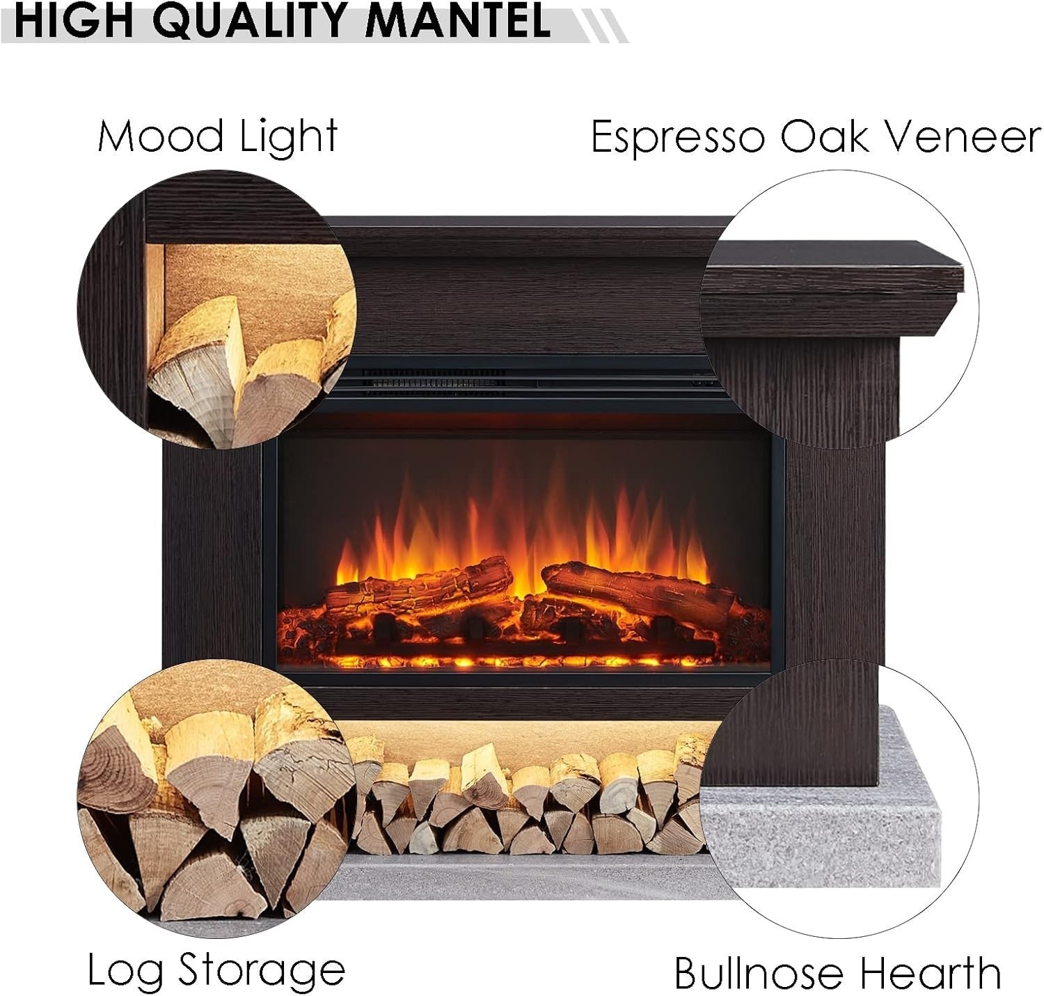 Electric Freestanding Fireplace 2000W Heater LED Flame Effect Remote