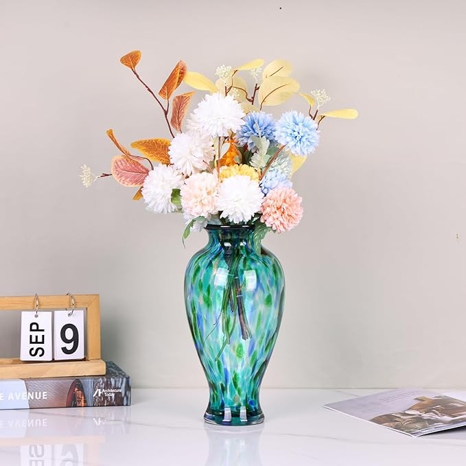 Hand Blown Glass Vase Tall 30cm Turquoise Art Flower Vase Table Centerpiece