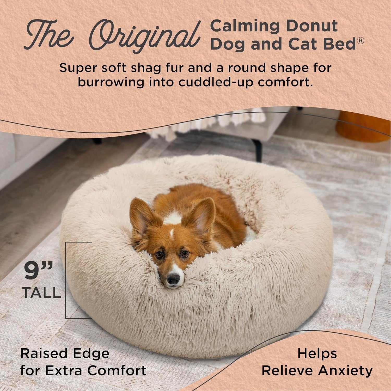 Calming Donut Dog Bed 30x30 Shag Fur Anti Anxiety Medium Taupe