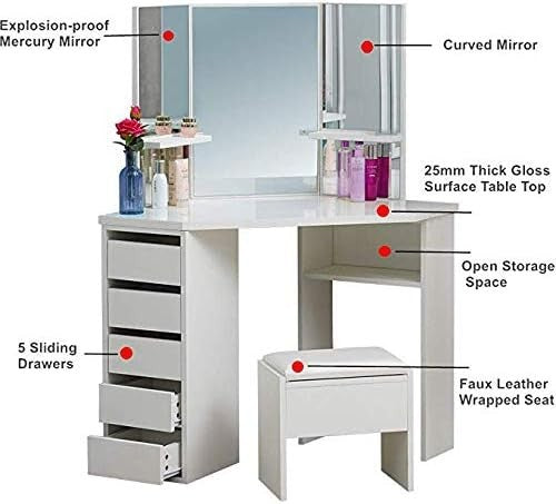 Corner Dressing Table Set White 3-Sided Mirror 5 Drawer MDF Makeup Vanity