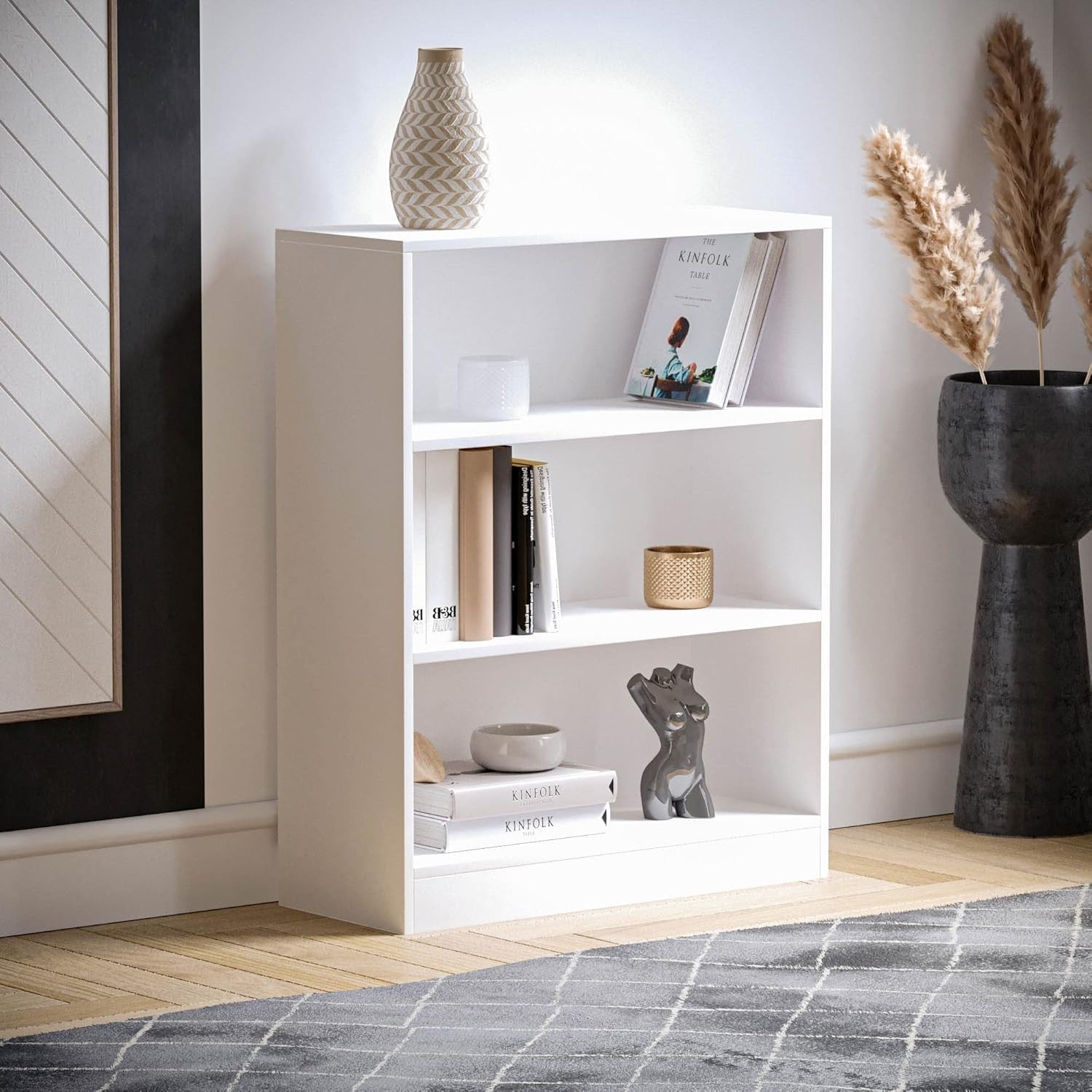 3 Tier White Wooden Bookcase Modern Storage Display Shelf for Living Room Low