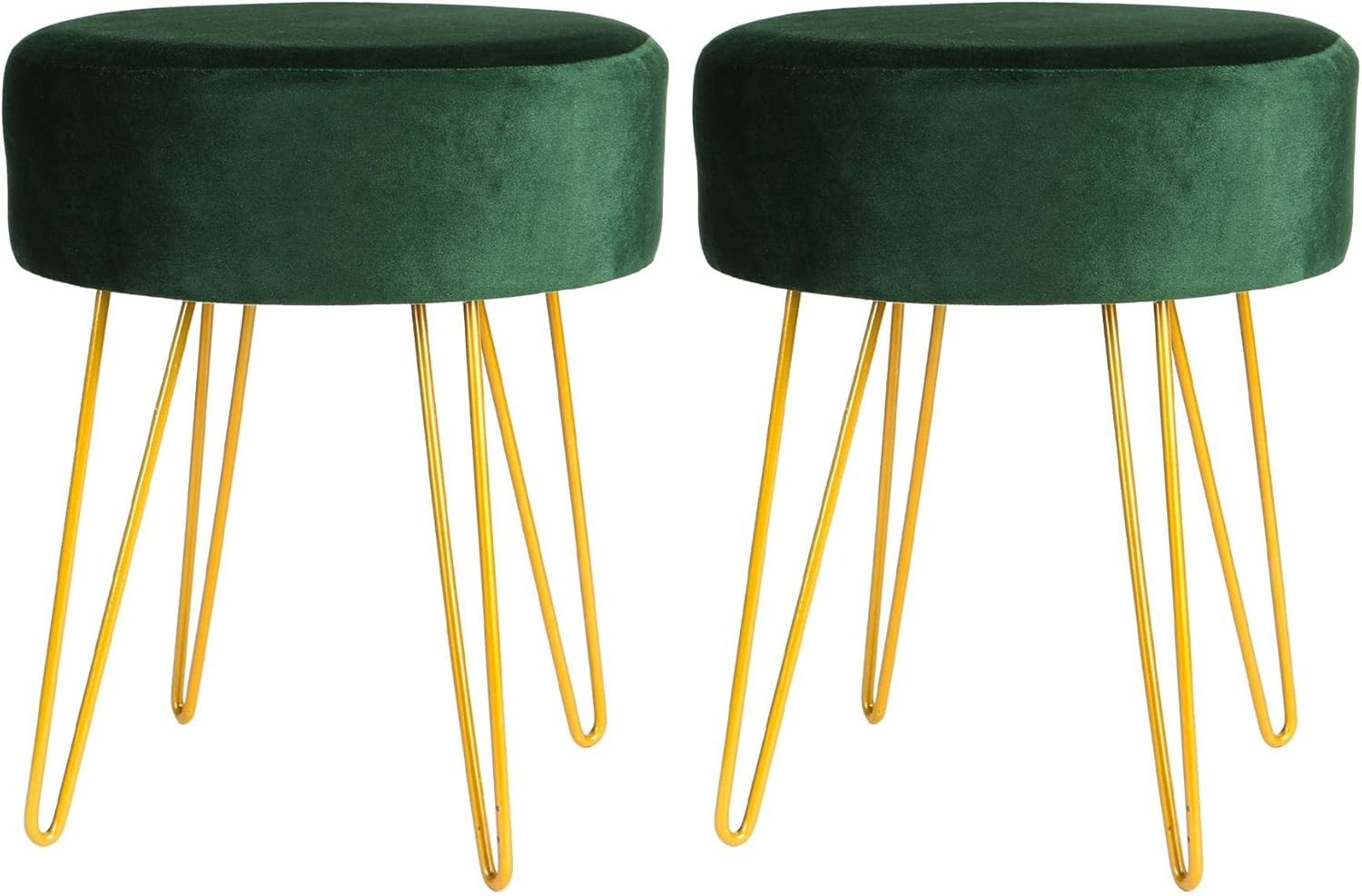 Set of 2 Green Velvet Footstools Gold Legs Modern Round Pouffe Seats