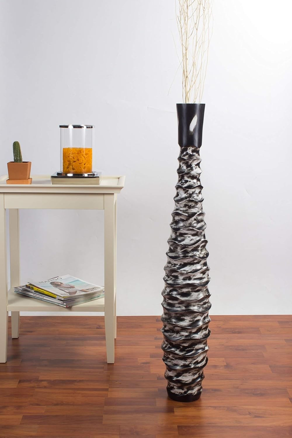 Large Black White Floor Vase 85cm Tall Wooden Decor for Pampas Grass