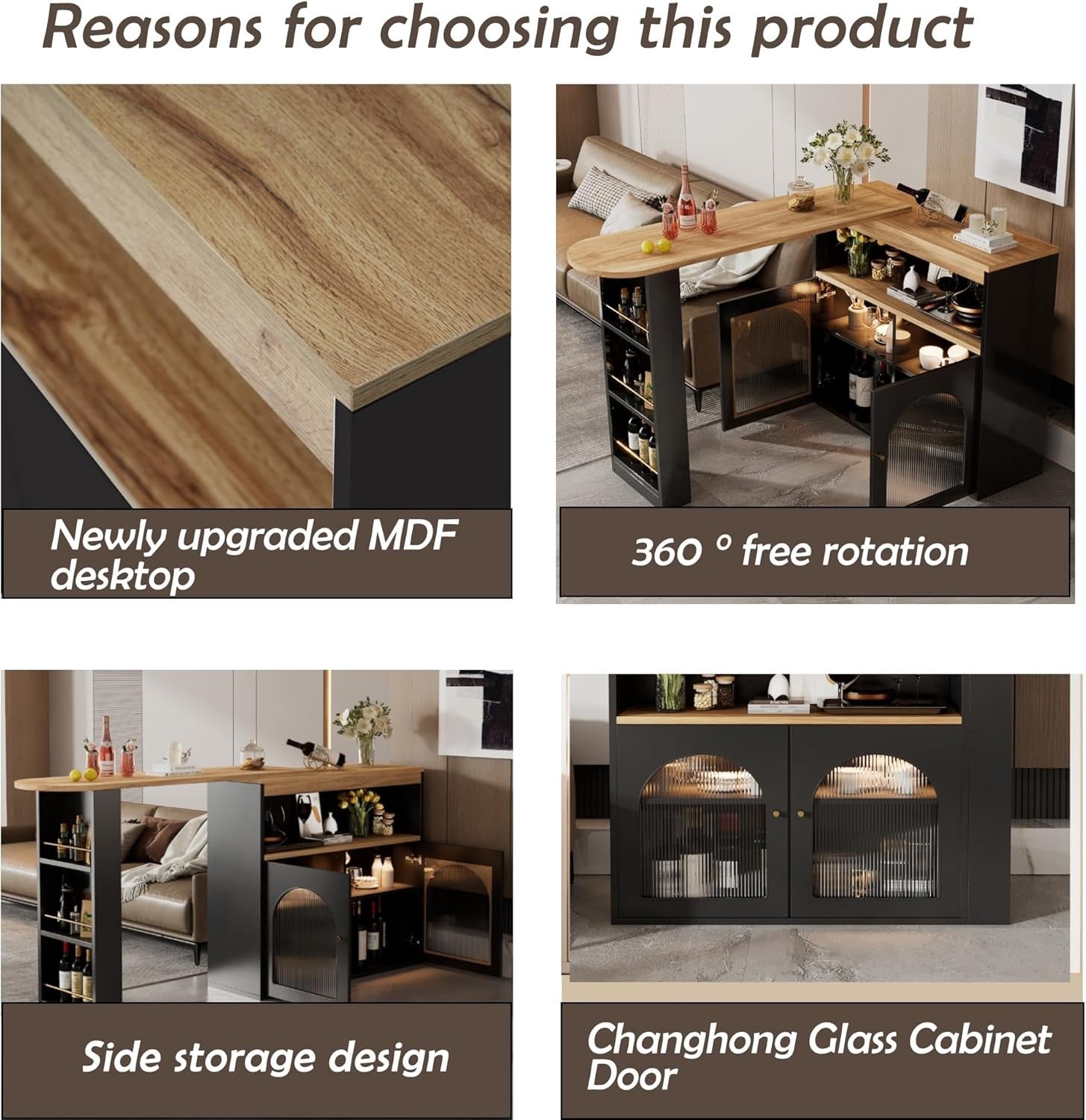 LED Kitchen Island Bar Table w/ 360° Swivel, Glass Doors & Storage 193cm