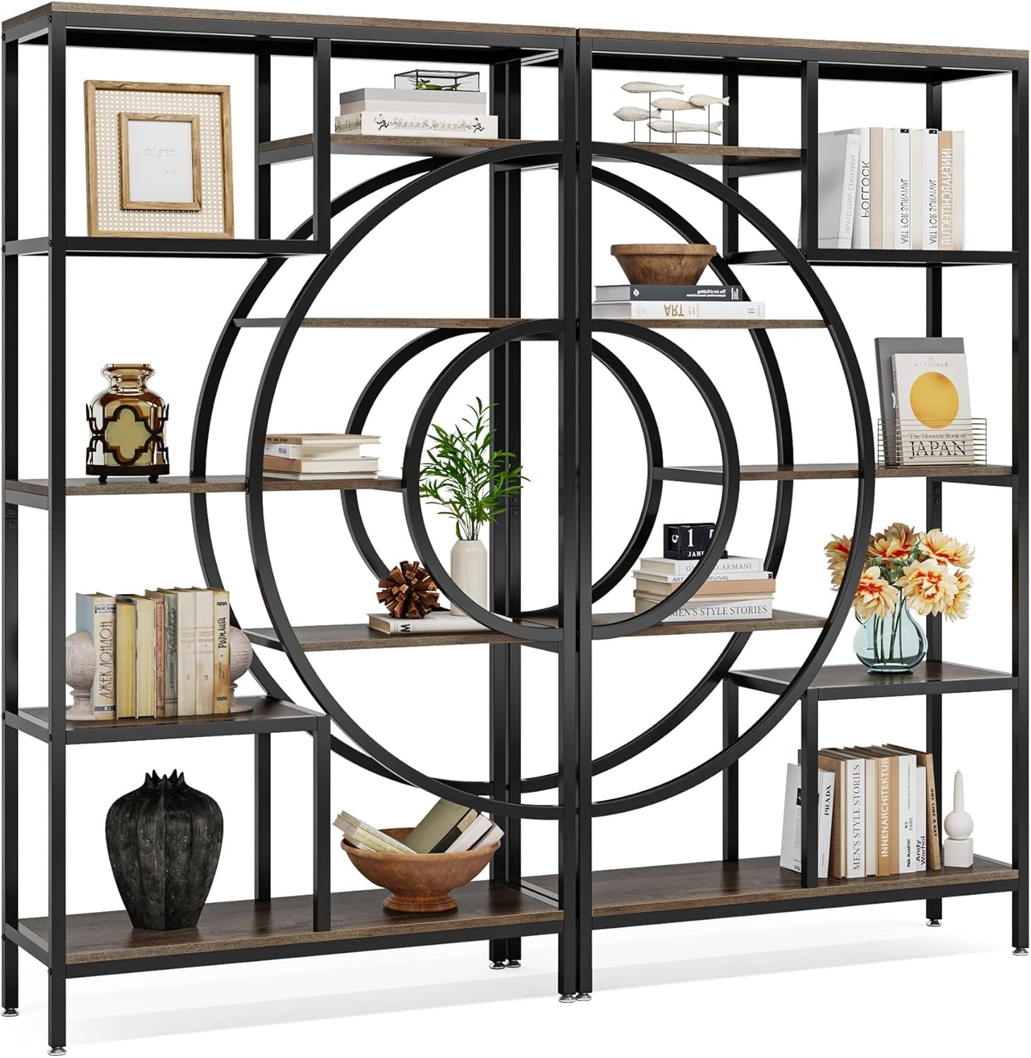 Geometric Industrial Bookshelf Set | 178cm Tall 8-Tier Open Display Shelves (2 P