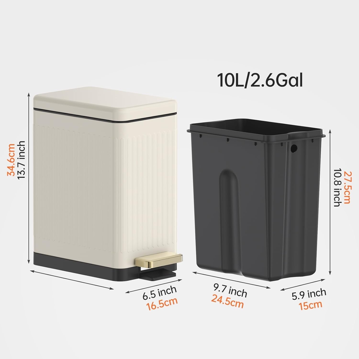 10L Slim Stainless Steel Step Trash Can Soft Close Pedal Bin Beige