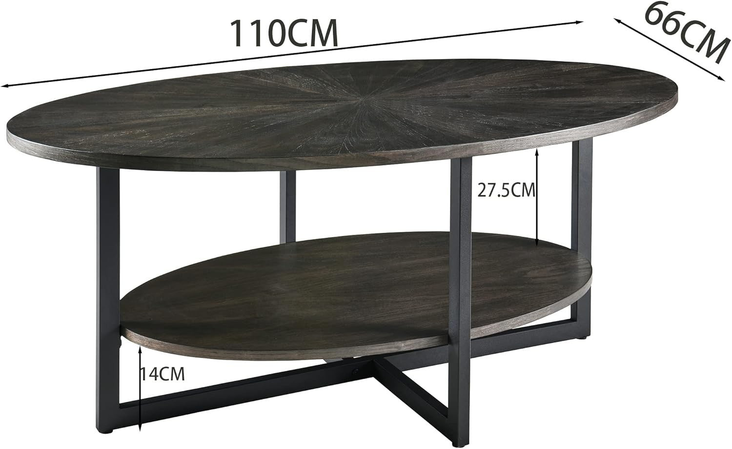 Rustic Brown Oval Coffee Table with Cross Metal Legs & 2-Tier Shelf 110x66cm
