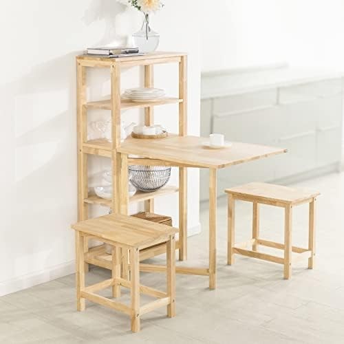 Folding Dining Table with 5 Storage Shelves Rubber Wood Kitchen Table