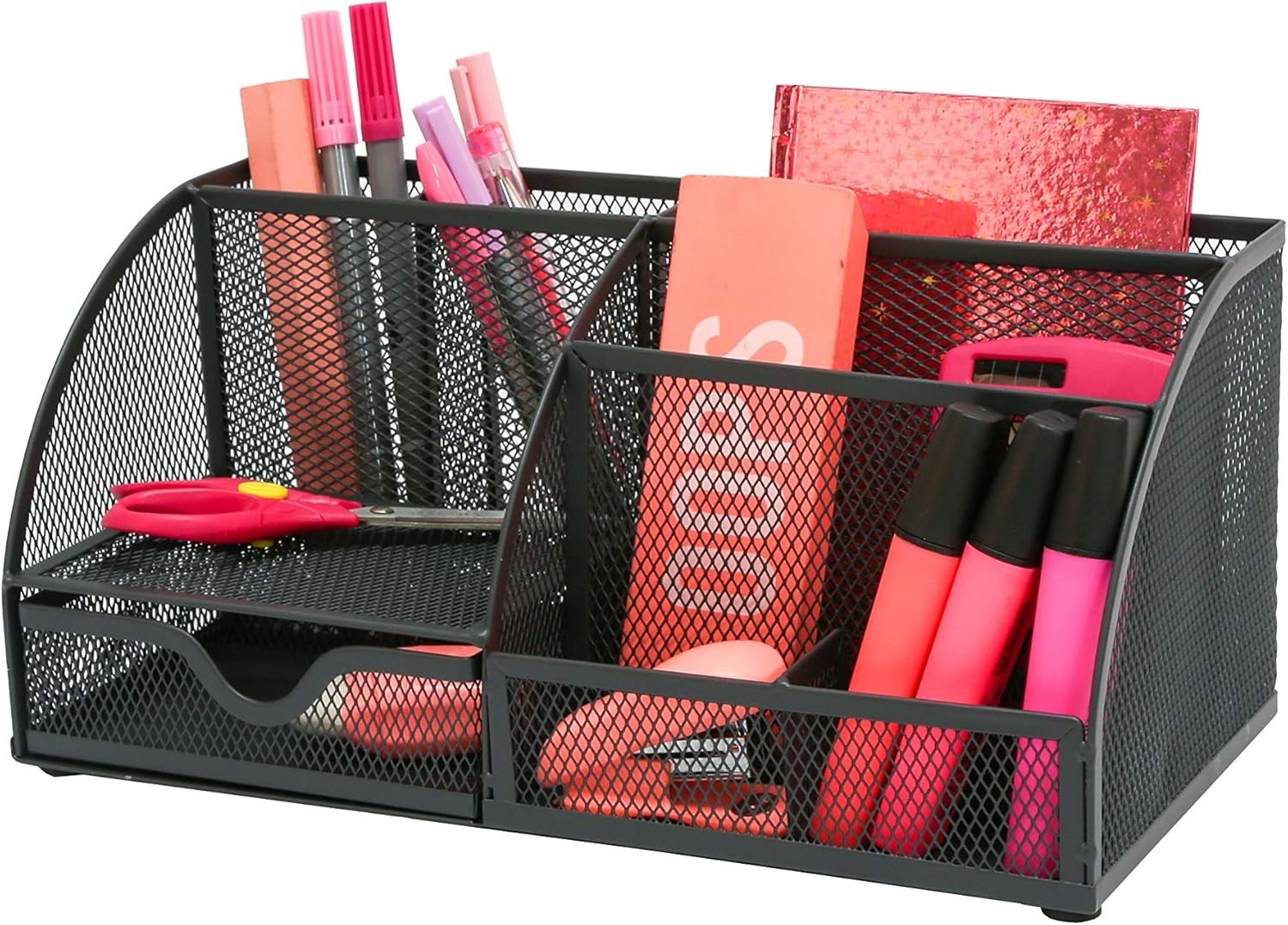 Metal Desk Organiser with 7 Compartments & Drawer – Graphite 6-Pack