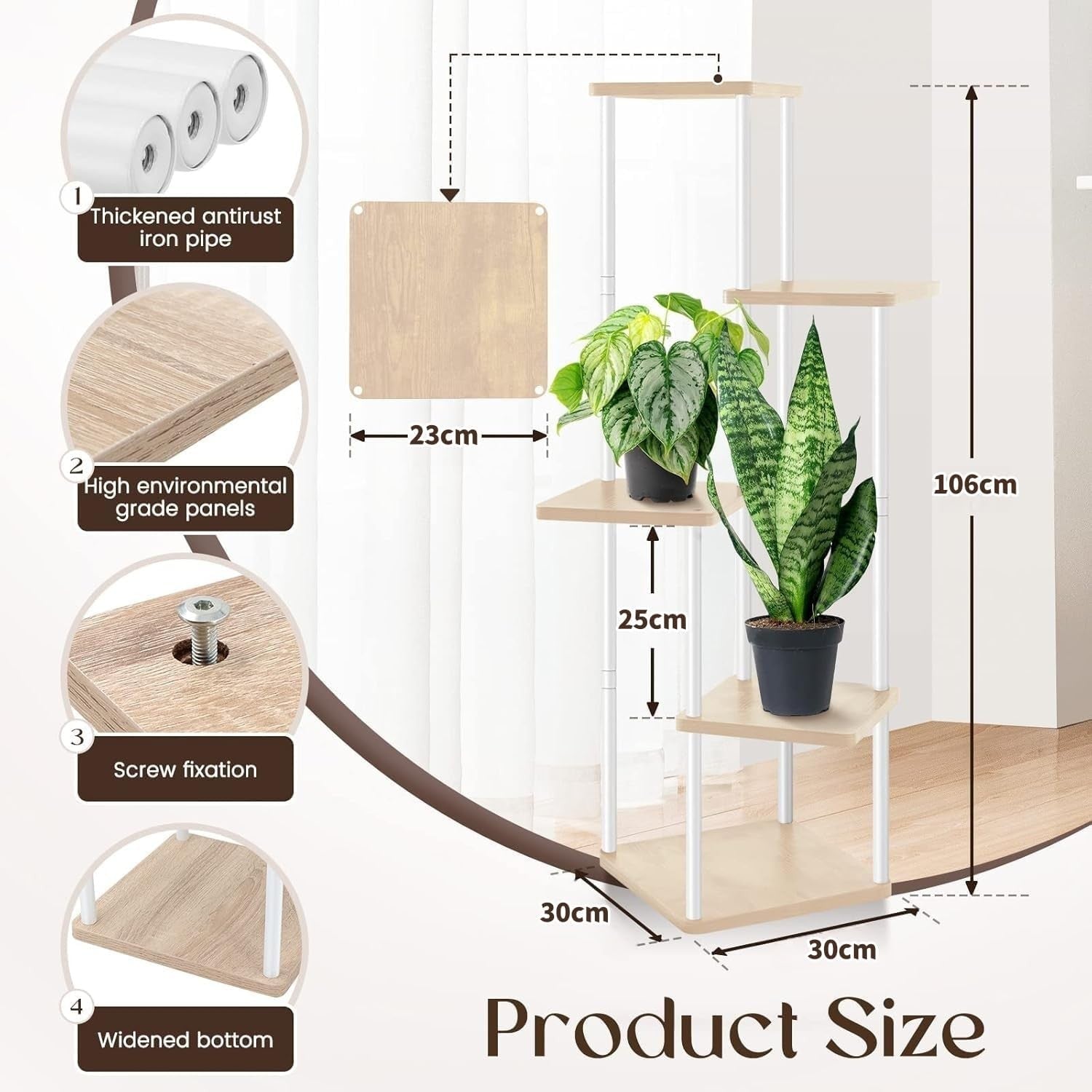 5 Tier Tall Indoor Plant Stand 106cm Wood Metal Flower Pot Shelf for Home Garden