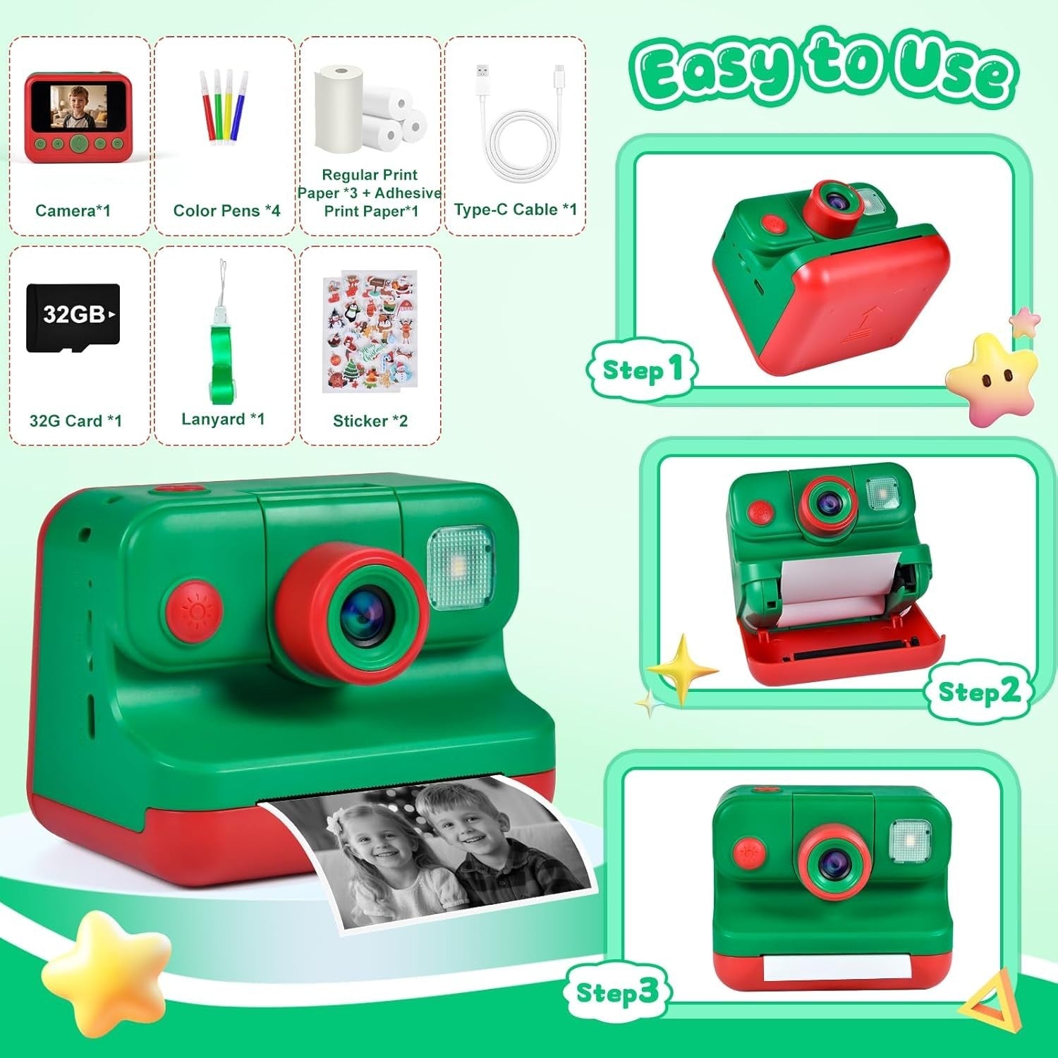 Kids Instant Print Camera 30MP 1080P HD Digital Camera 32GB Card Toy