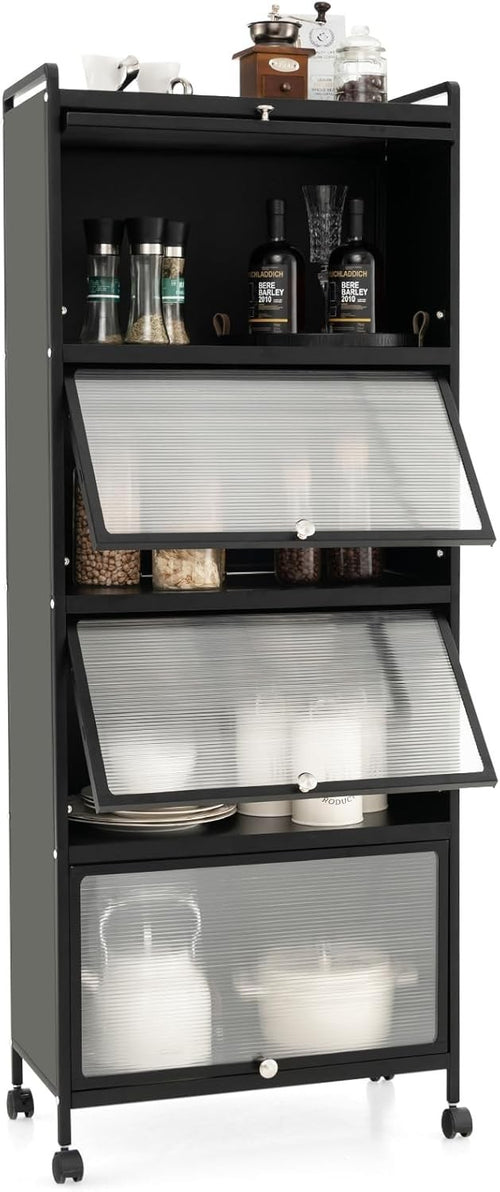 60x32x154cm Black Rolling Kitchen Cabinet 5-Tier Pantry Storage with Wheels