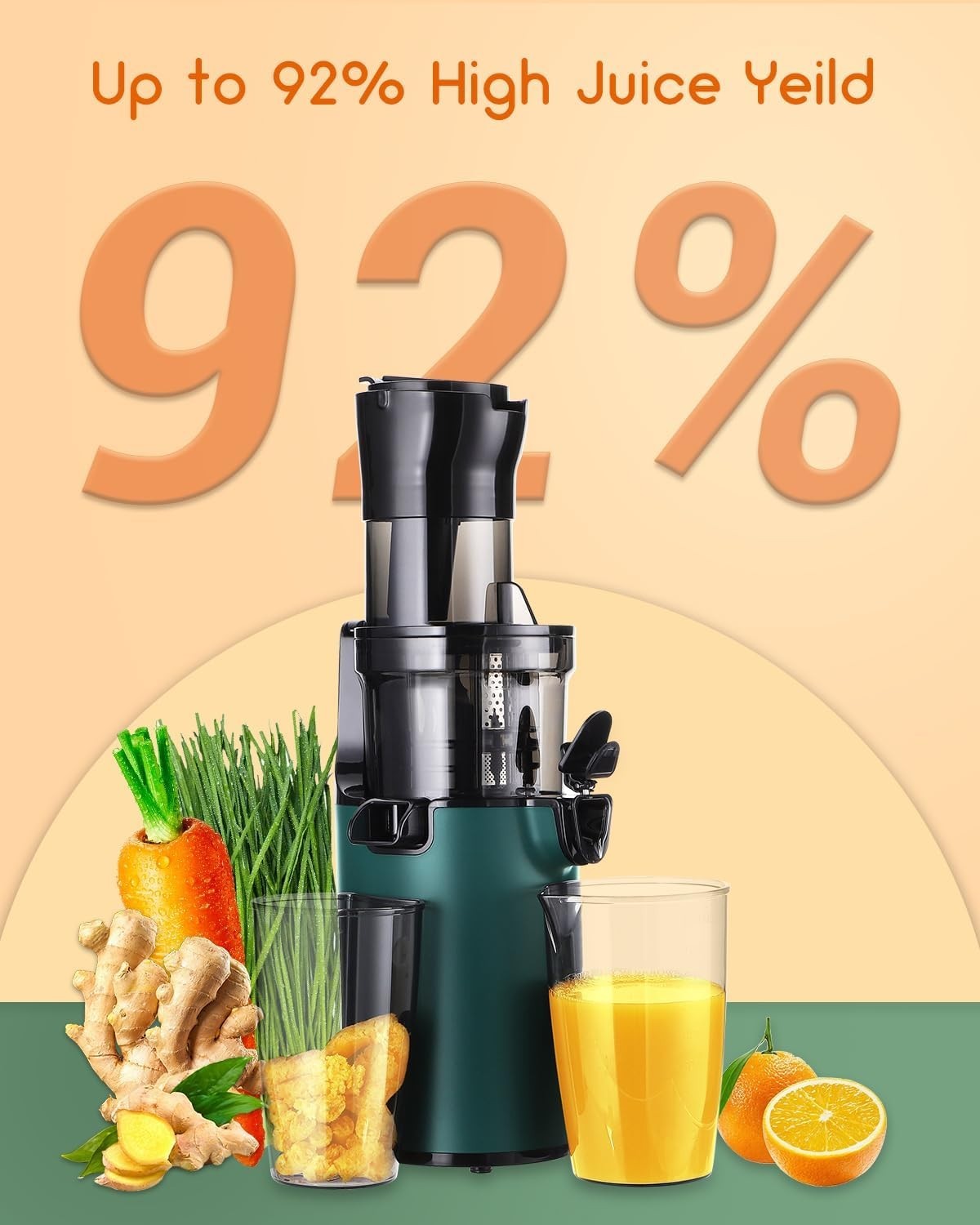 Green Compact Cold Press Juicer 3.1in Wide Chute BPA Free Reverse