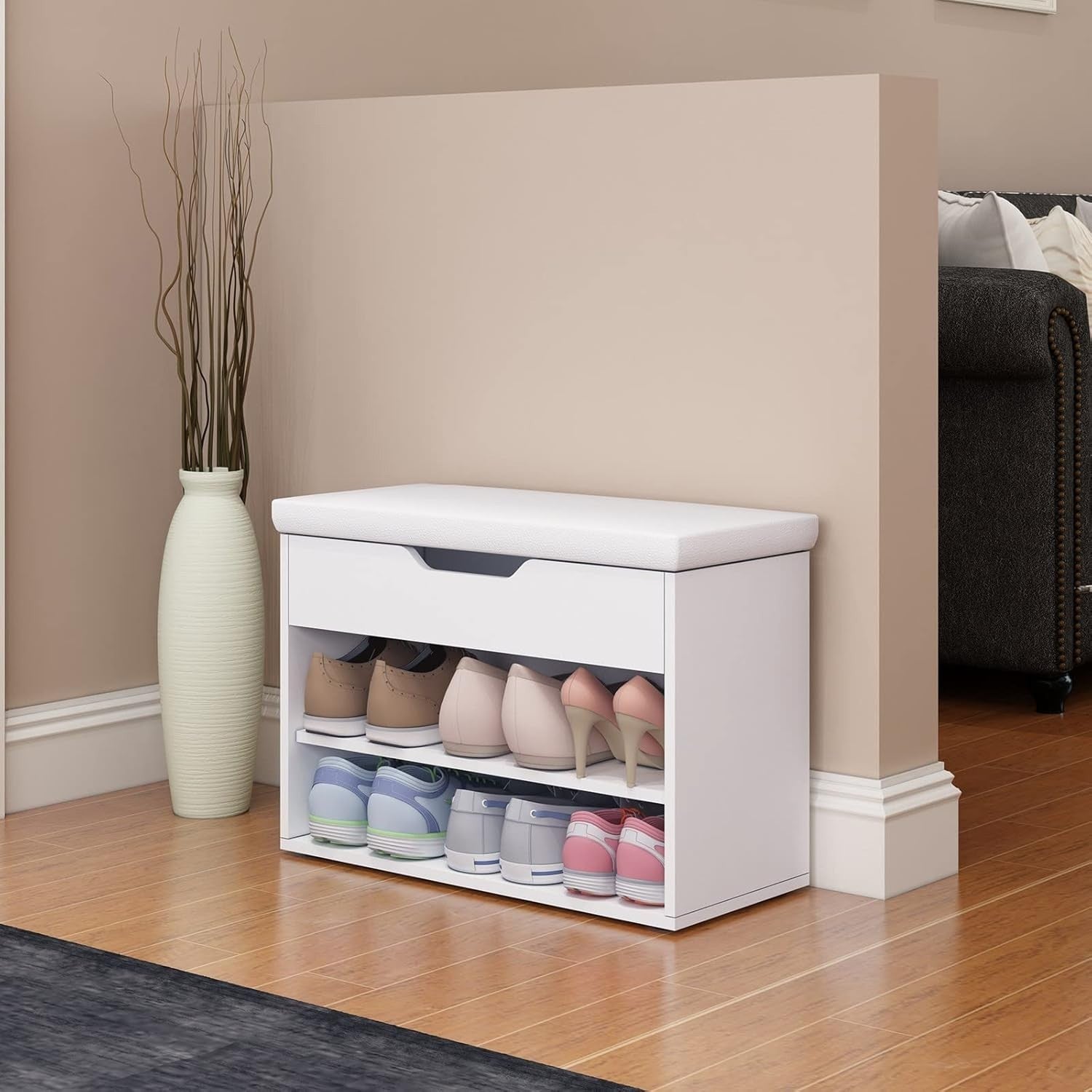 Modern White Shoe Storage Bench with Cushion, 2-Tier Rack & Hidden Compartment