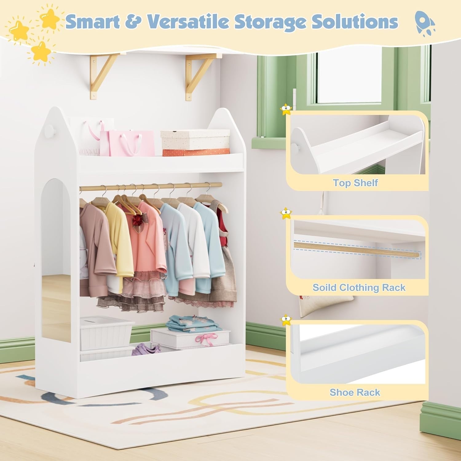 Kids Wardrobe with Mirror & Hanging Rail, No Drawer, White Rocket Design