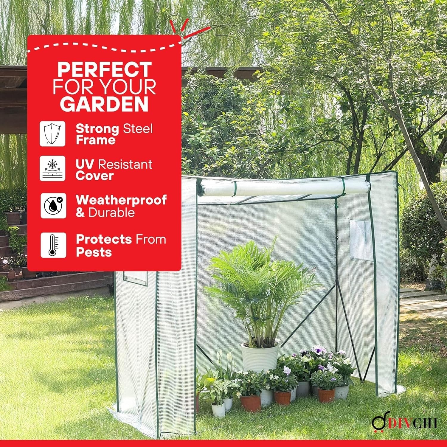Walk-In Garden Greenhouse Tent UV Resistant PE Cover Steel Frame Zip Door 200cm