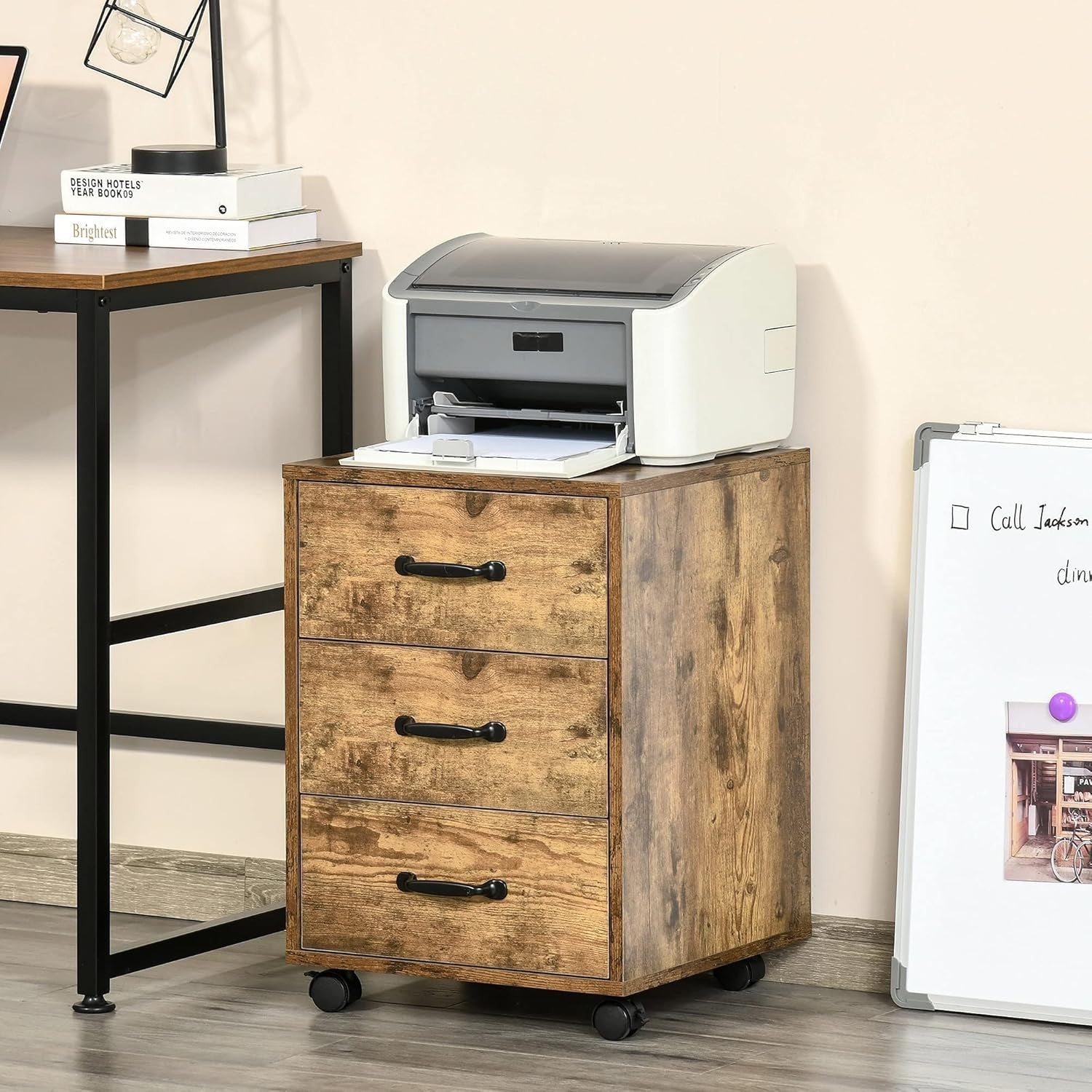 Rustic Brown Rolling File Cabinet 3 Drawer Under Desk Printer Storage