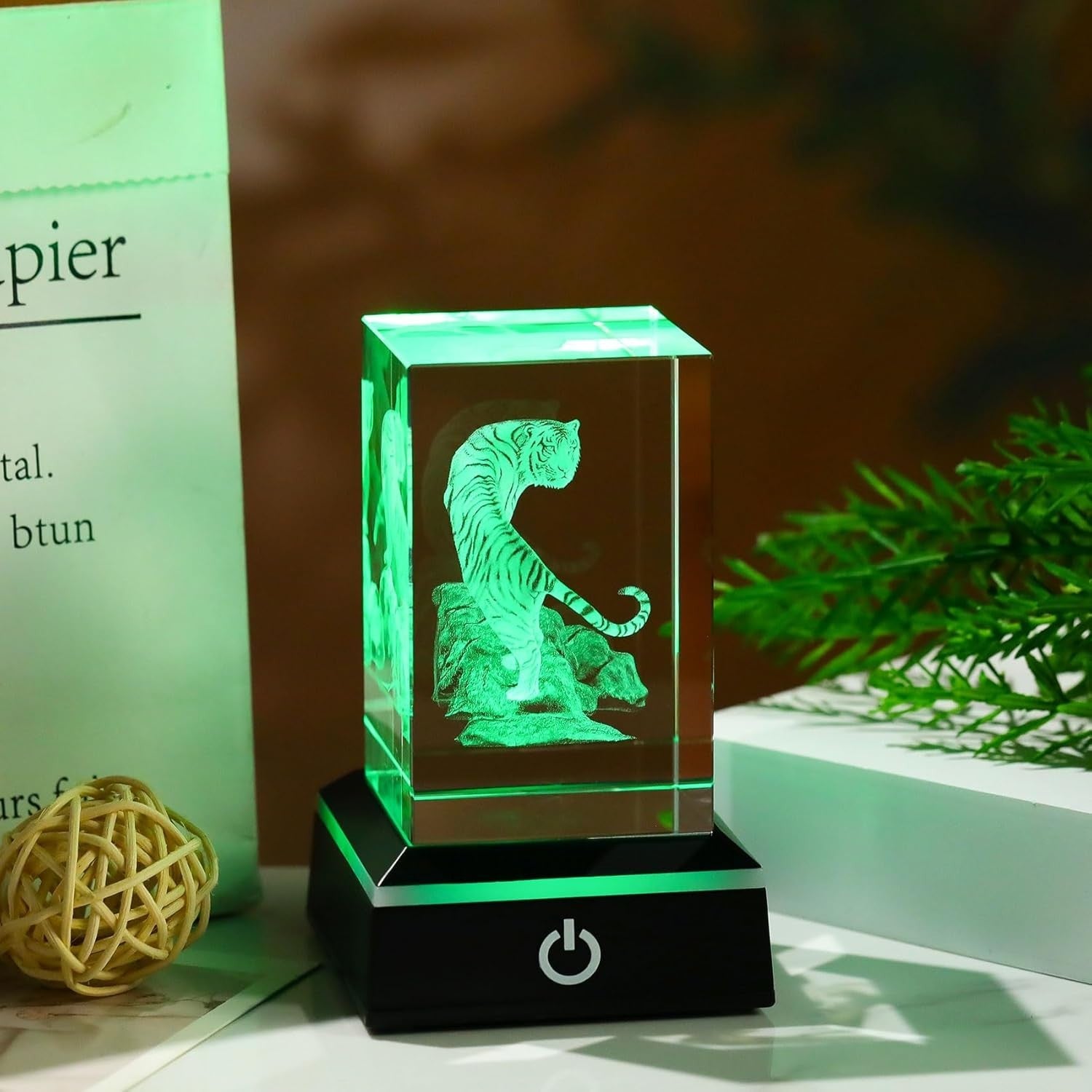 3D Crystal Tiger Figurine with LED Light Base • Engraved Glass Gift Ornament