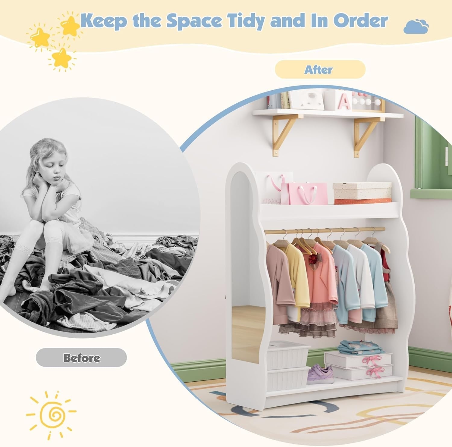 Kids Wardrobe with Mirror & Hanging Rail, No Drawers, White Cloud Design