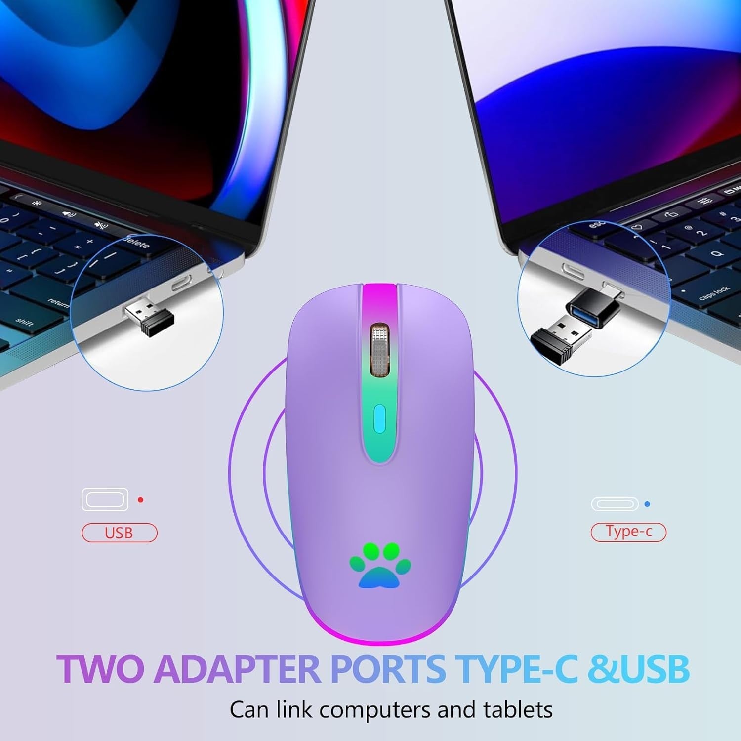 Purple RGB Wireless Mouse Bluetooth 1600 DPI Rechargeable