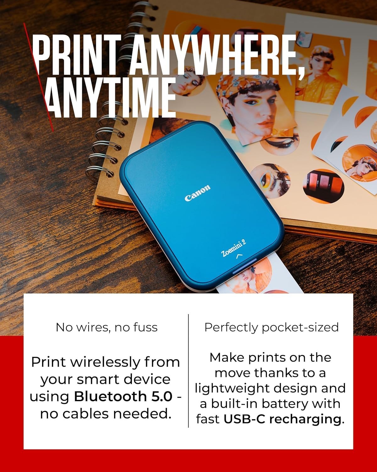 Portable Wireless Photo Printer | Compact ZINK, Bluetooth, USB-C, Navy Blue