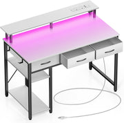 White Computer Desk with Drawers, LED Lights & Power Outlets Workstation