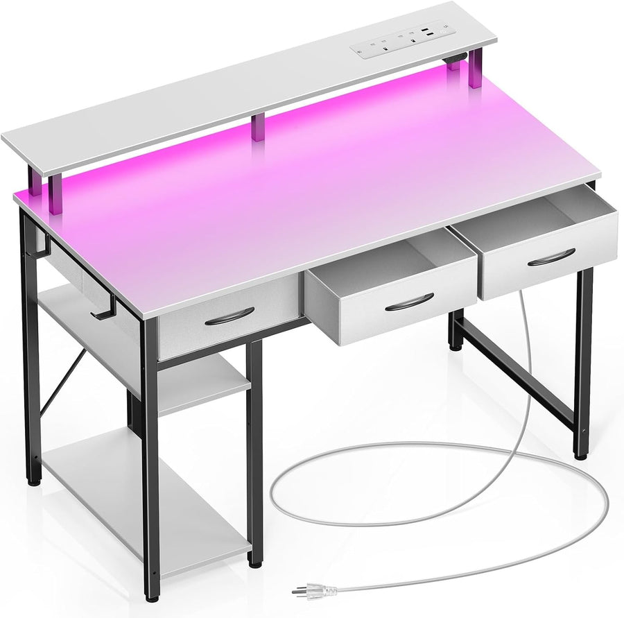 White Computer Desk with Drawers, LED Lights & Power Outlets Workstation