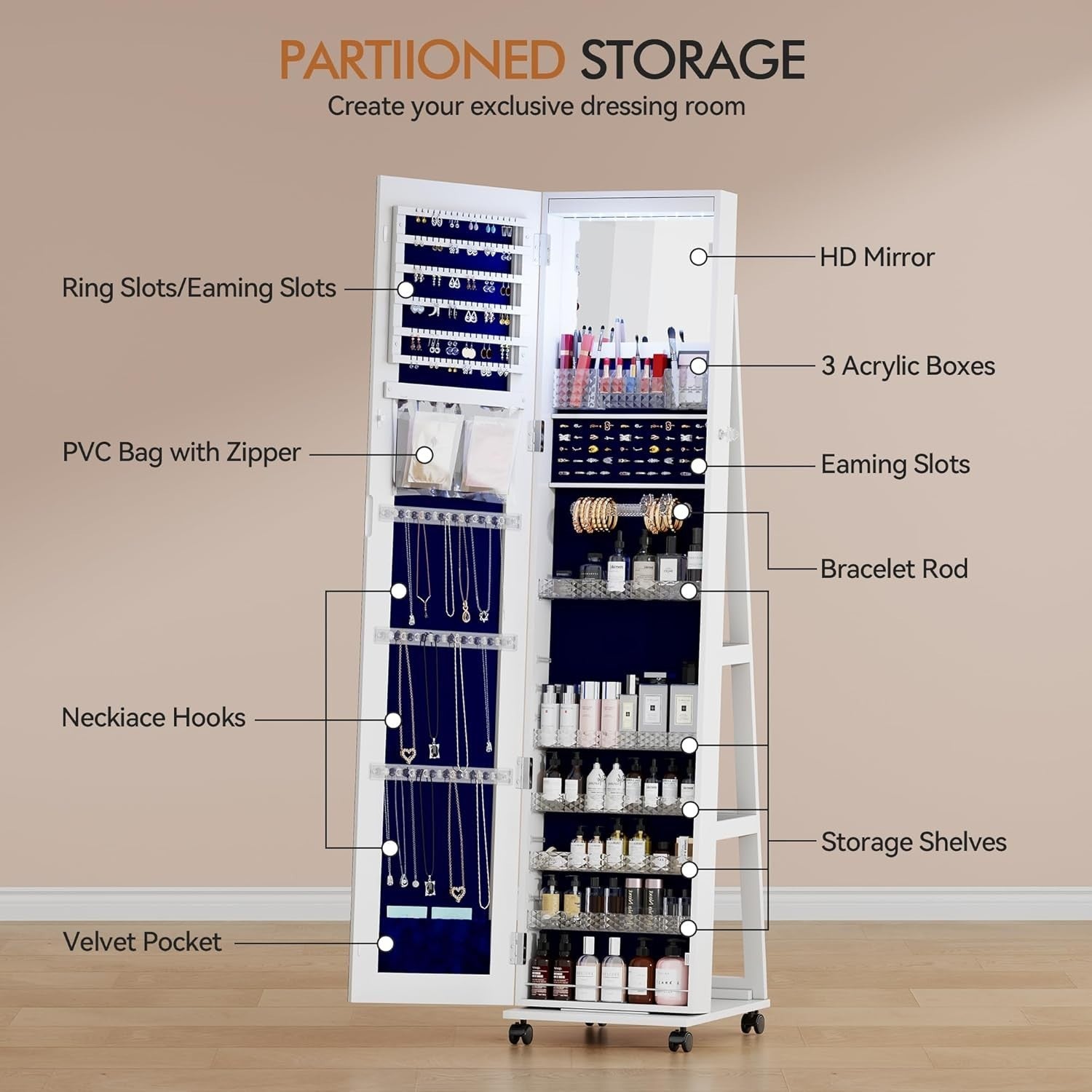 White 360° Rotating Jewellery Cabinet Full Length Mirror with Wheels