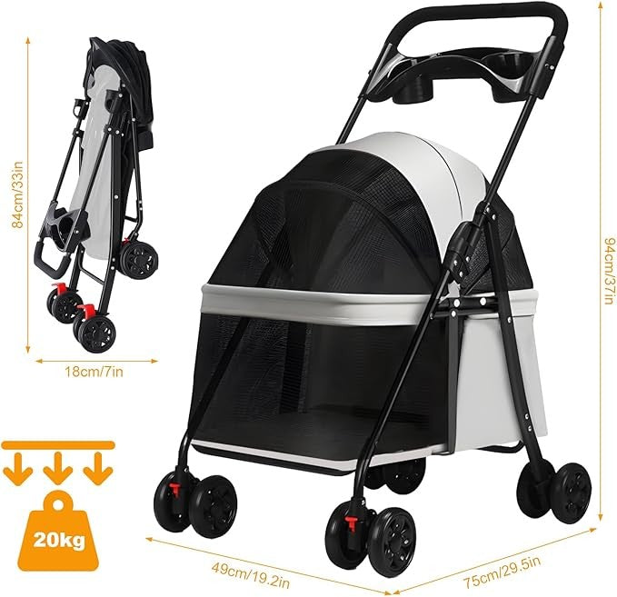 4 Wheel Dog Stroller Folding Pet Pram with Cup Holder Travel Buggy