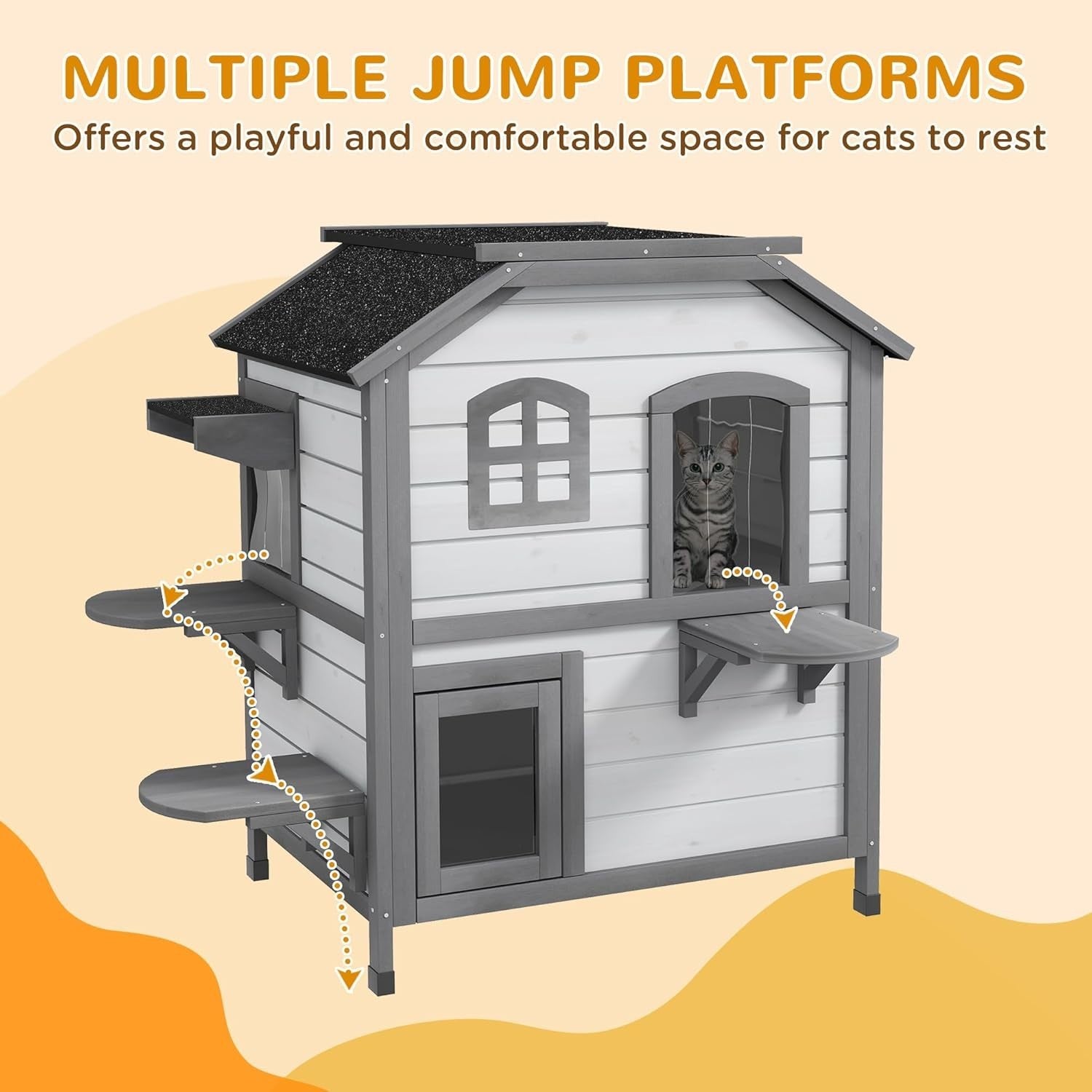 Weatherproof 2-Story Outdoor Wooden Cat House with Escape Door 91x78x55.5cm