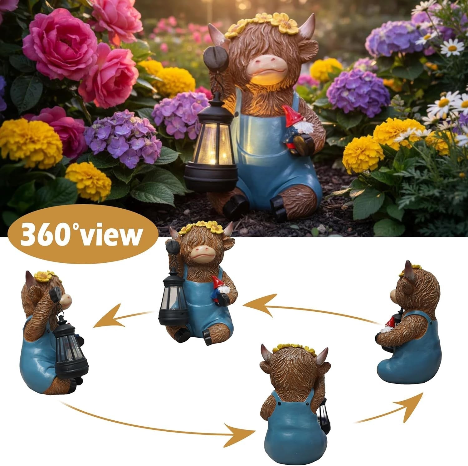 Solar Highland Cow Garden Ornament Statue with Lantern & Gnome Outdoor Yard