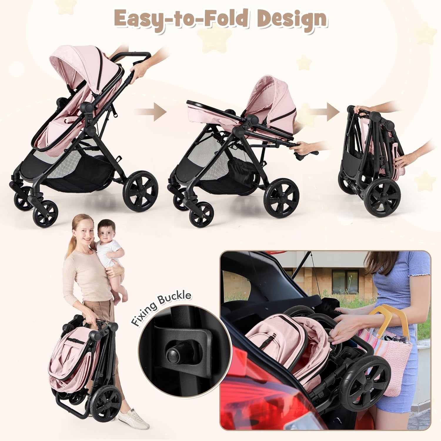 2in1 Baby Pushchair Foldable Pram Lightweight Reversible Seat Adjustable Canopy