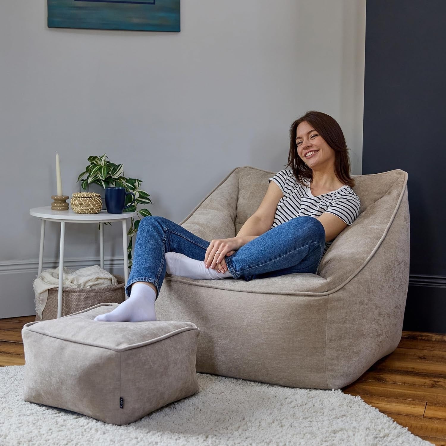 Natural Chenille Bean Bag Armchair Set with Footstool Lounge Chair.