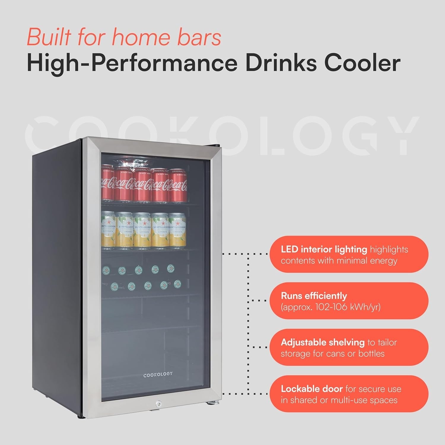 Under Counter Drinks Fridge 98L Glass Door Beer Wine Cooler LED Display