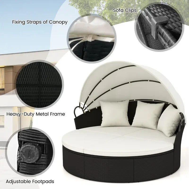 Outdoor Patio Rattan Round Daybed Sun Lounger w/ Retractable Canopy Cushions