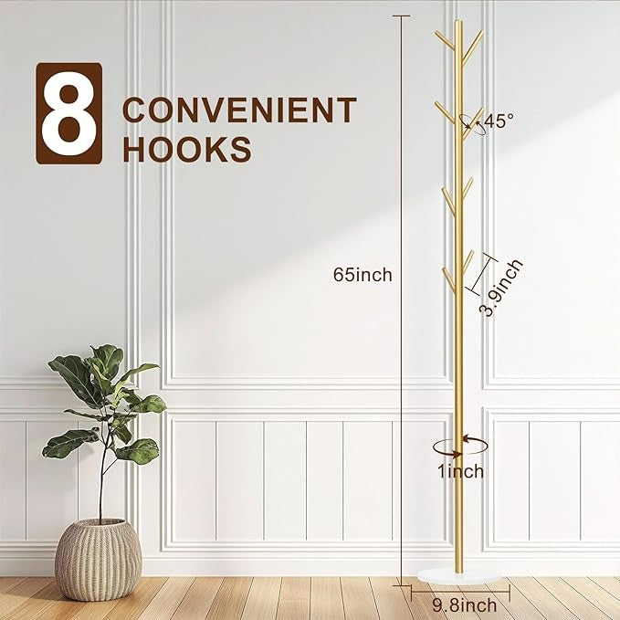 Gold Metal Coat Rack 8 Hooks with Marble Base Freestanding Hall Stand