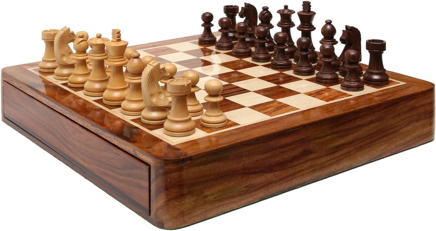 12" Wooden Magnetic Chess Set with Storage Drawer | Travel Board & Pieces