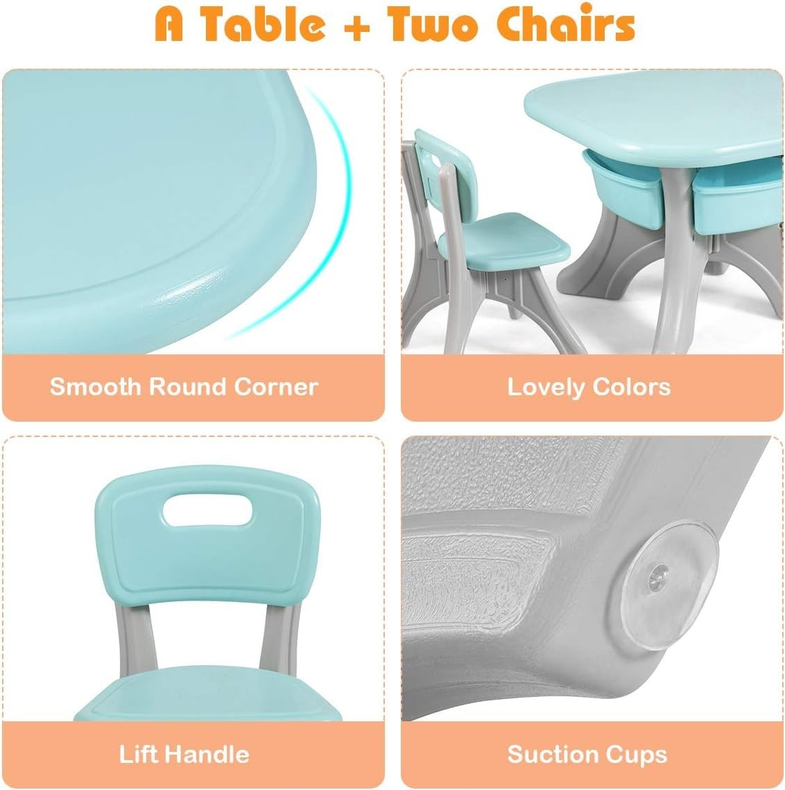 Kids Activity Table & 2 Chairs Set Green w/Detachable Storage Bins, Sturdy & Lig
