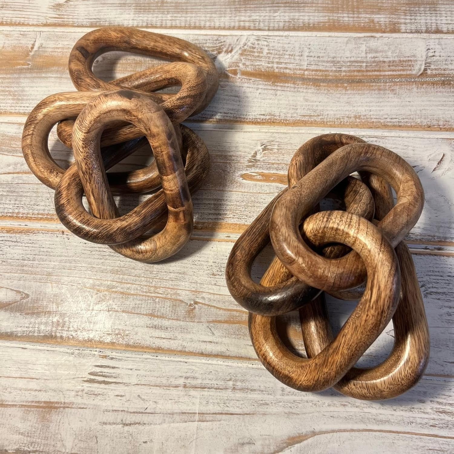 Rustic Wooden Chain Ornaments Set of 2 | 5-Link Wood Decor | Shelf Mantel Table