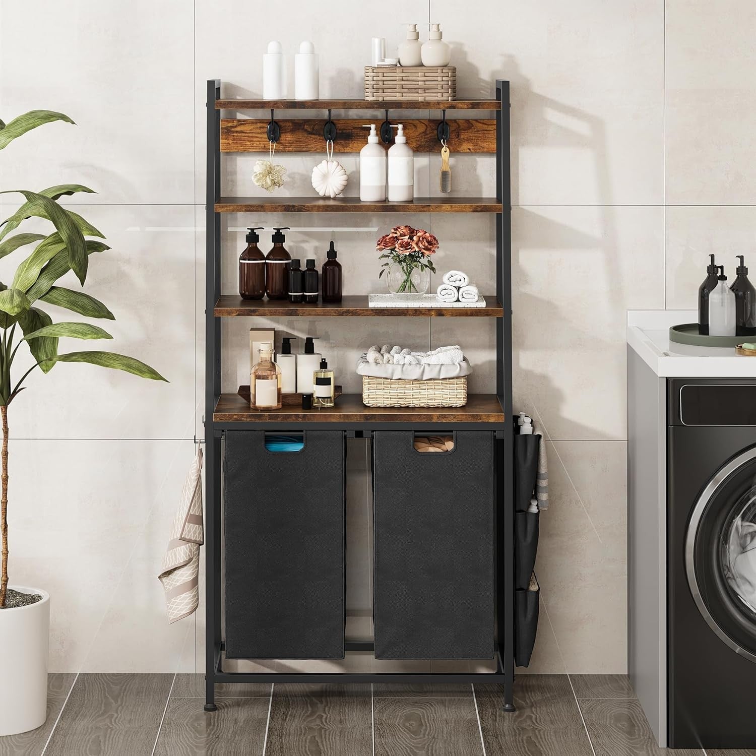 Tall Laundry Sorter with Shelves & Hooks | 2 Pull-Out Bags | 155cm Freestanding