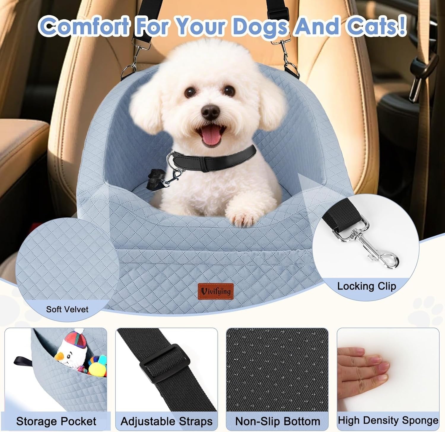 Memory Foam Dog Booster Car Seat Washable Travel Bed Grey Small Dogs
