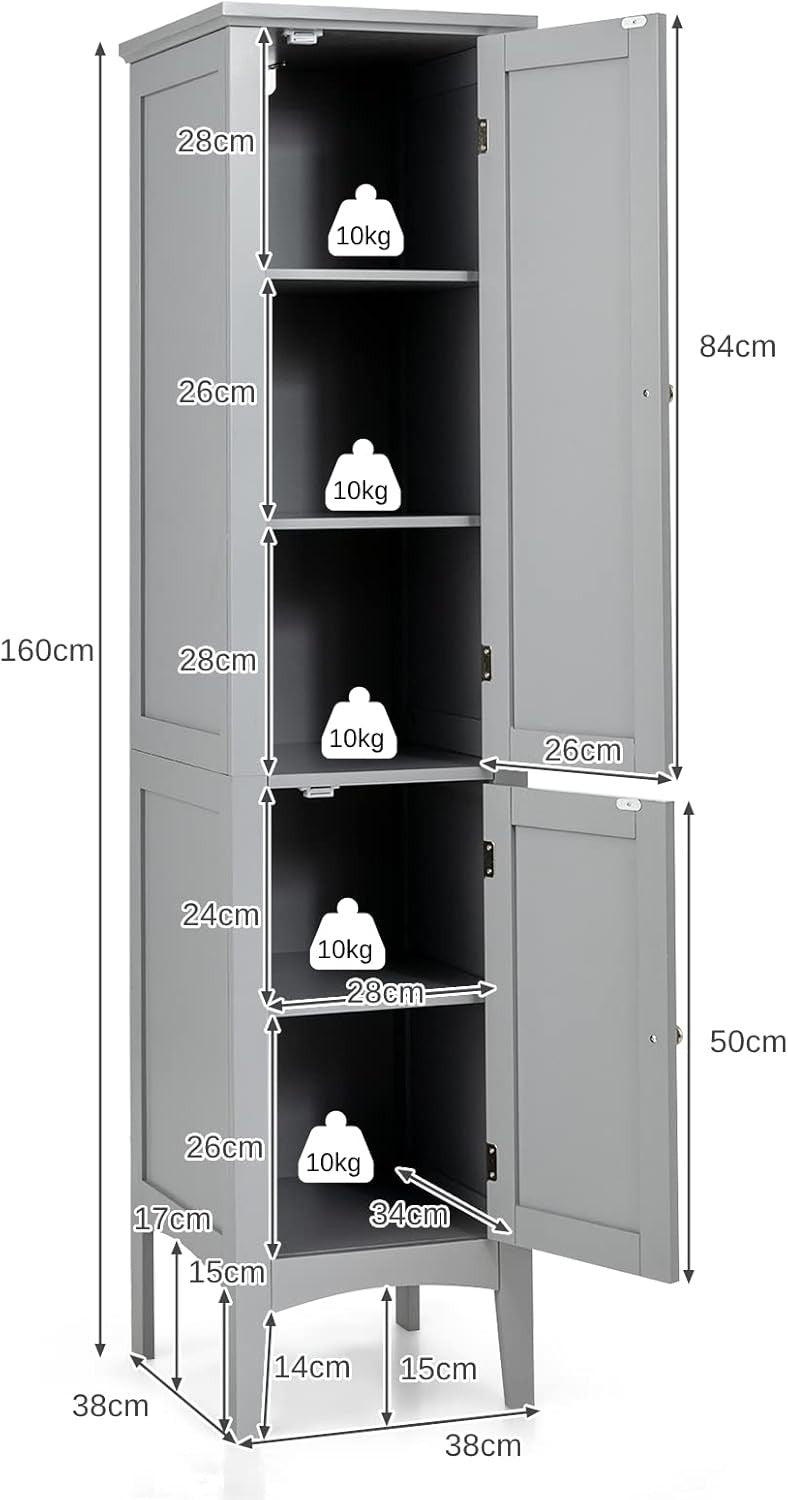 Grey Tall Bathroom Cabinet with 5 Shelves & 2 Doors Slim Storage Unit