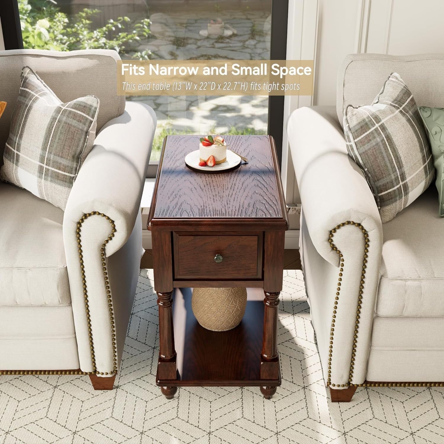 Solid Wood Narrow End Table with Drawer & Shelf – Dark Walnut Side Table
