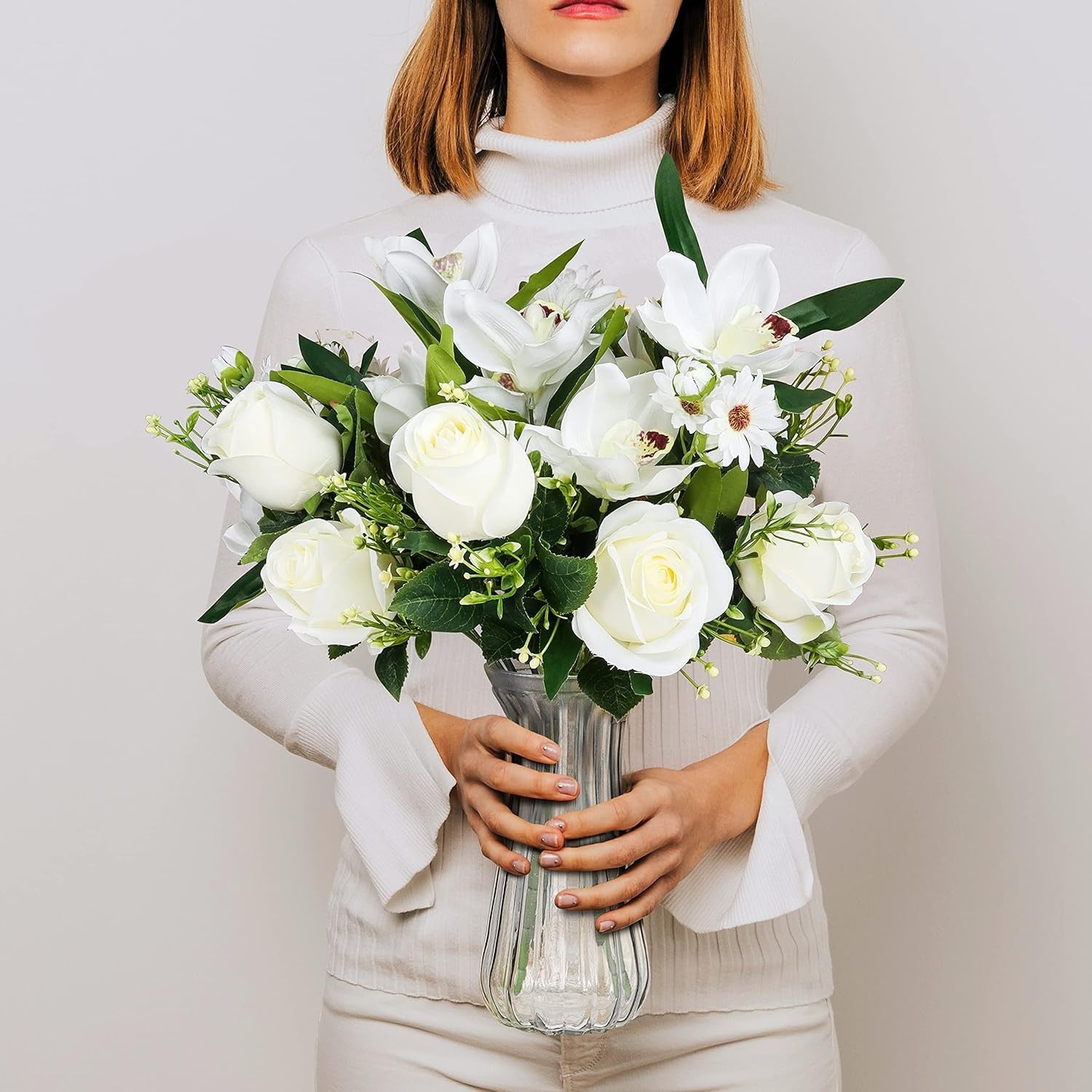 Artificial Flowers with Glass Vase White Rose Orchid Table Centrepiece
