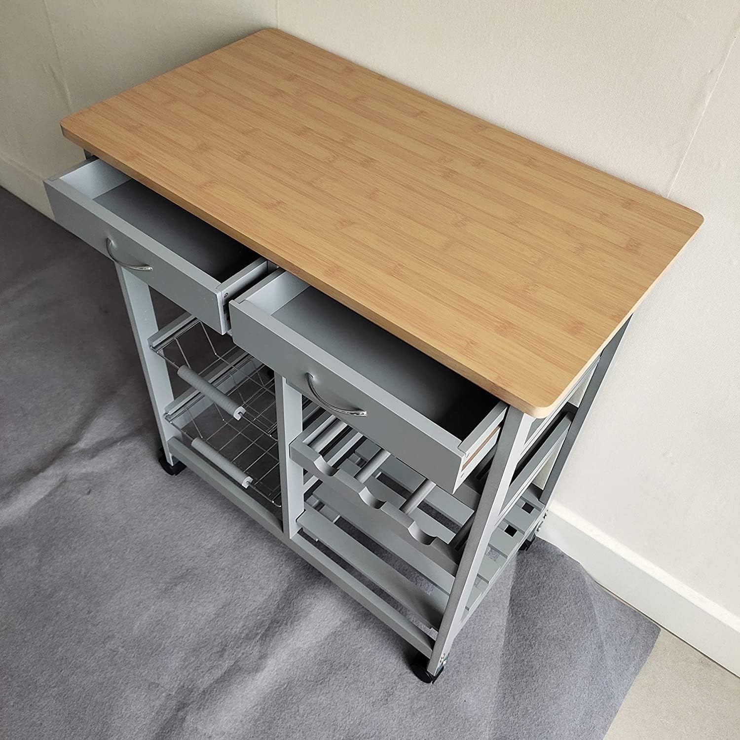 Kitchen Island Trolley on Wheels MDF Worktop Drawers Basket Storage Cart