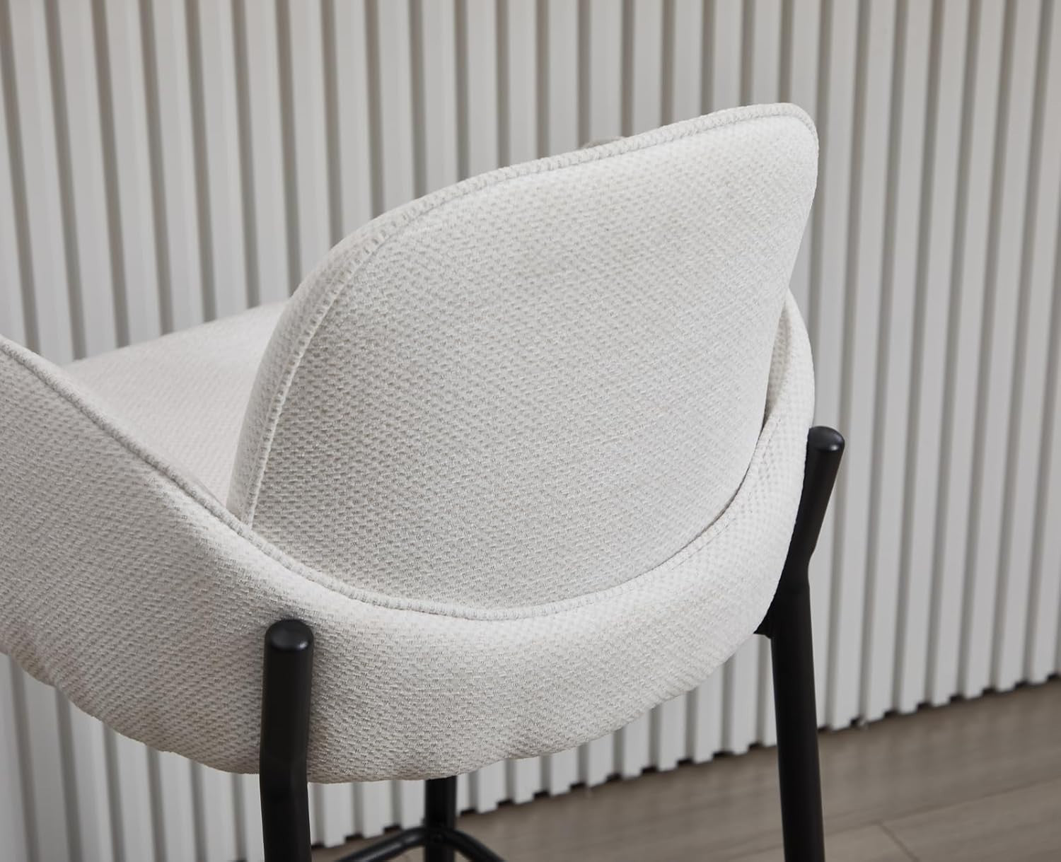 Modern White Bar Stools Set of 2 | Chenille Seat, Metal Legs, Armrest