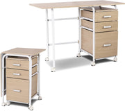 Folding Computer Desk Rolling Laptop Table with Drawers Wheels Oak